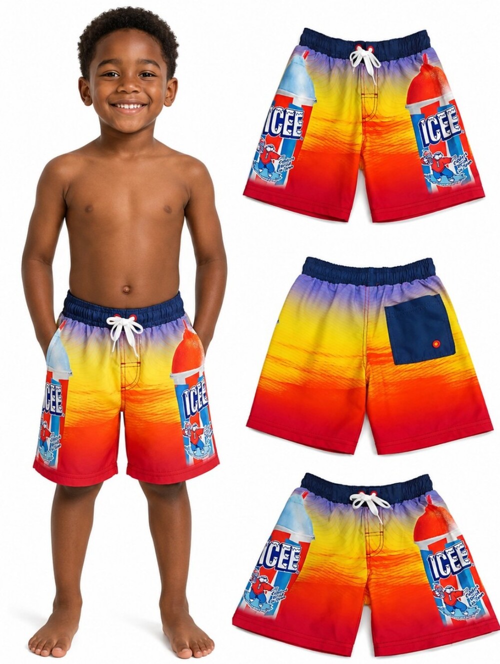 ICEE Boys Gradient Swim Shorts - Red Yellow Blue SIZE 4-5 NWT